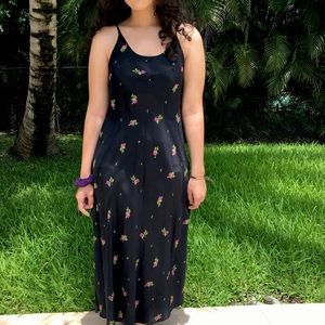 Vintage Black and Rose Patterned Maxi Dress Size L